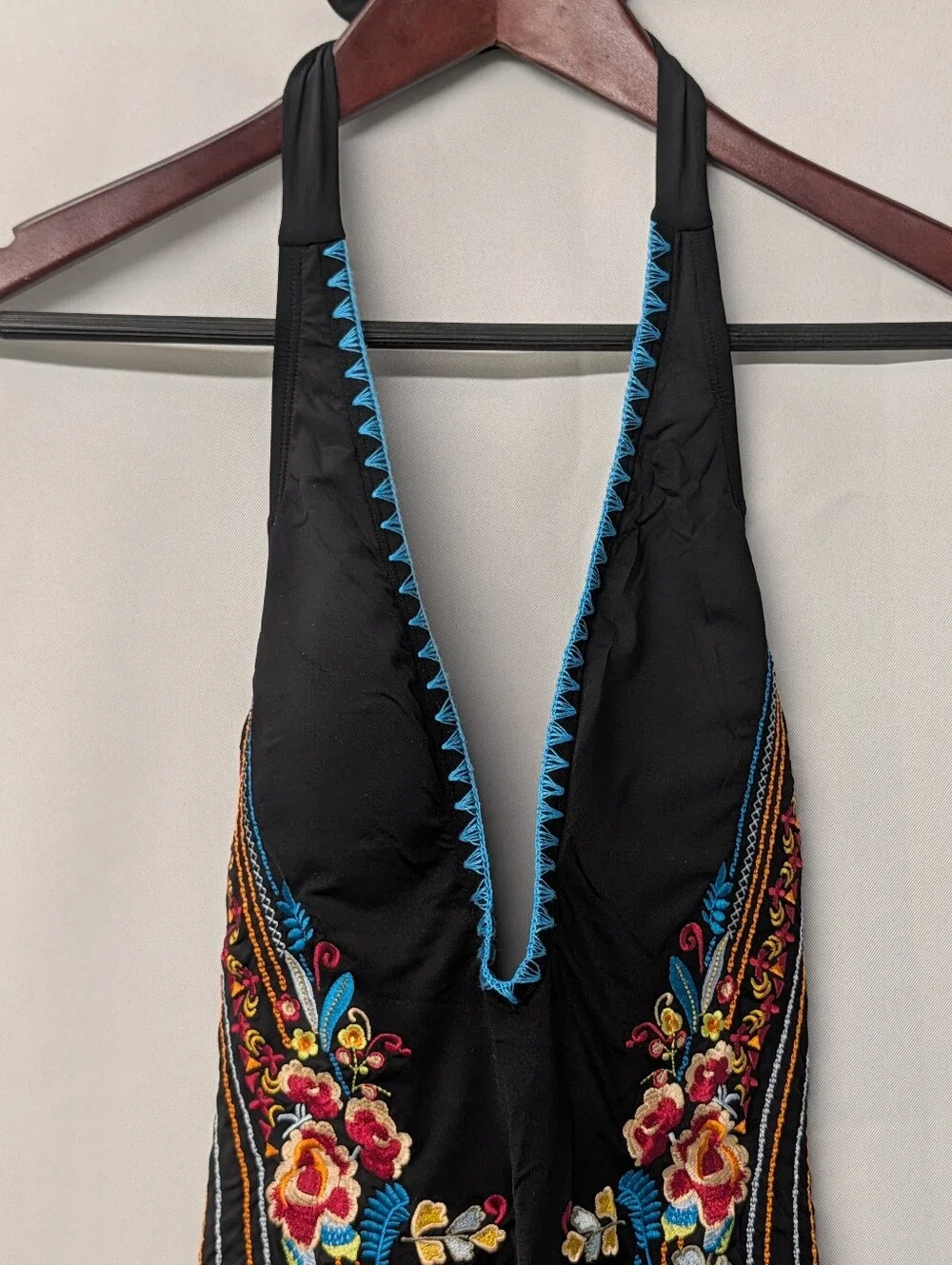 Johnny Was Black Halter One-Piece Bathing Suit with Floral Embroidery Size Small